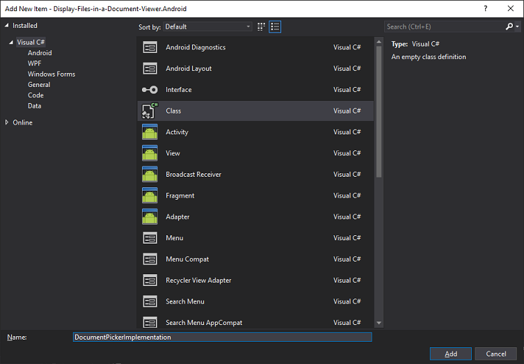 添加documentpickerimplementations .cs到Android项目